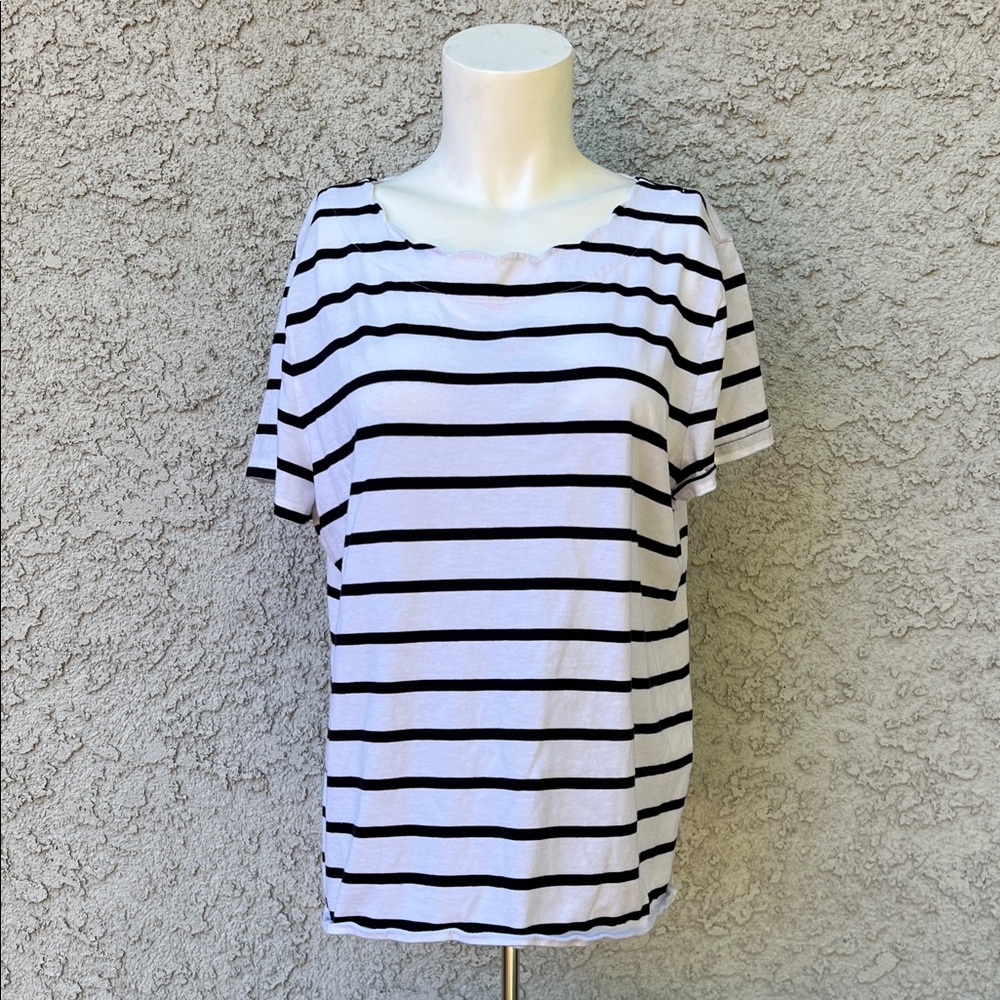 Talbots Classic Black and White Striped Short Sleeve Tee Scalloped Neckline Euro